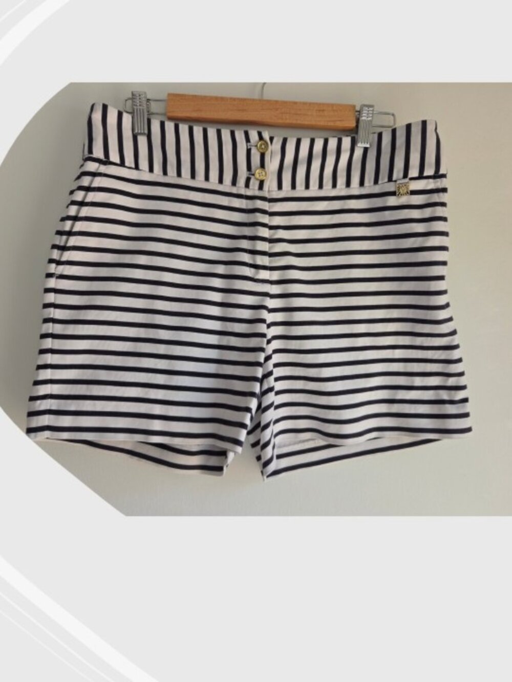 3/$15 Anne Klein Navy White Striped Shorts Gold Buttons Cotton Nautical Approx M